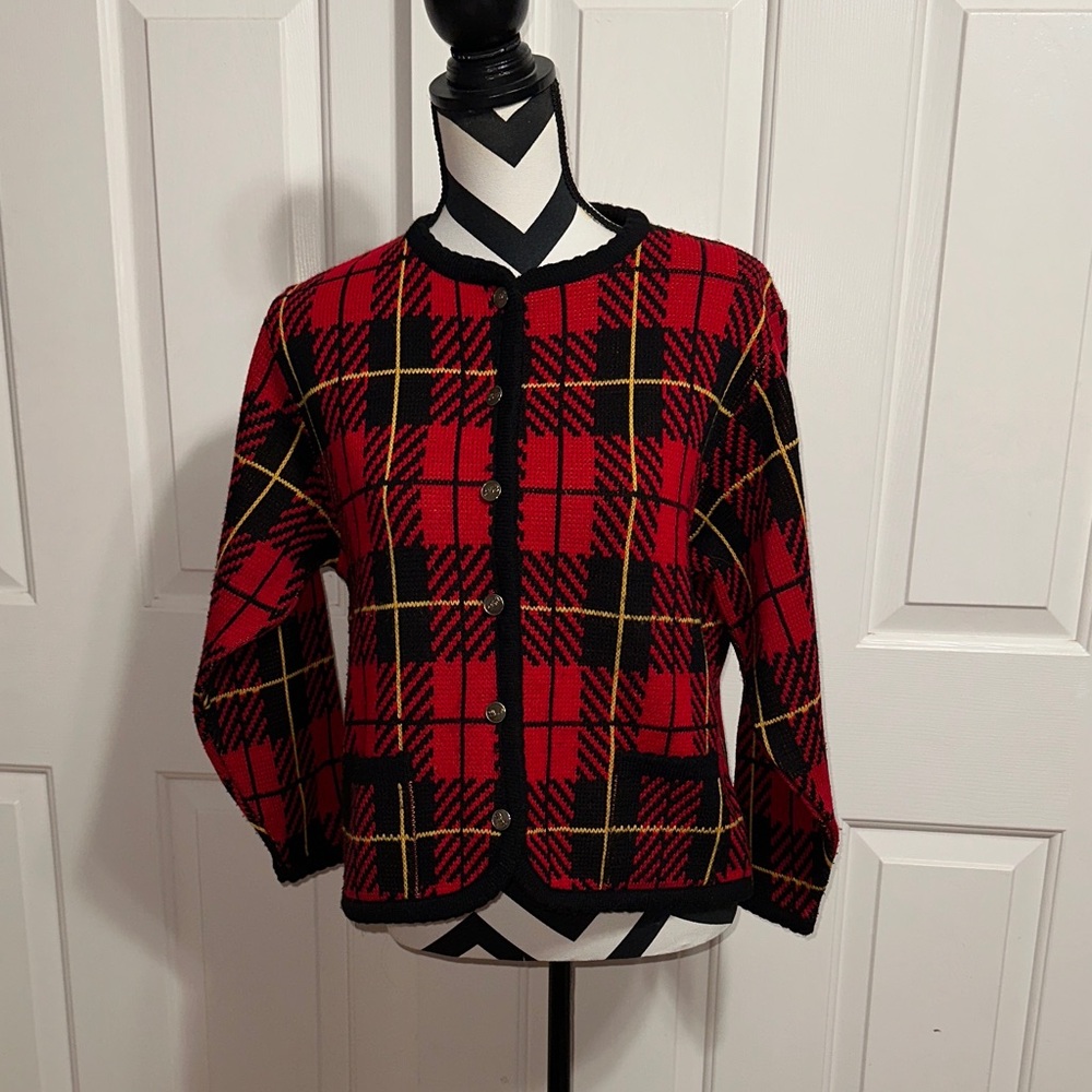 Tally Ho Vintage Plaid Red and Black Women's Cardigan